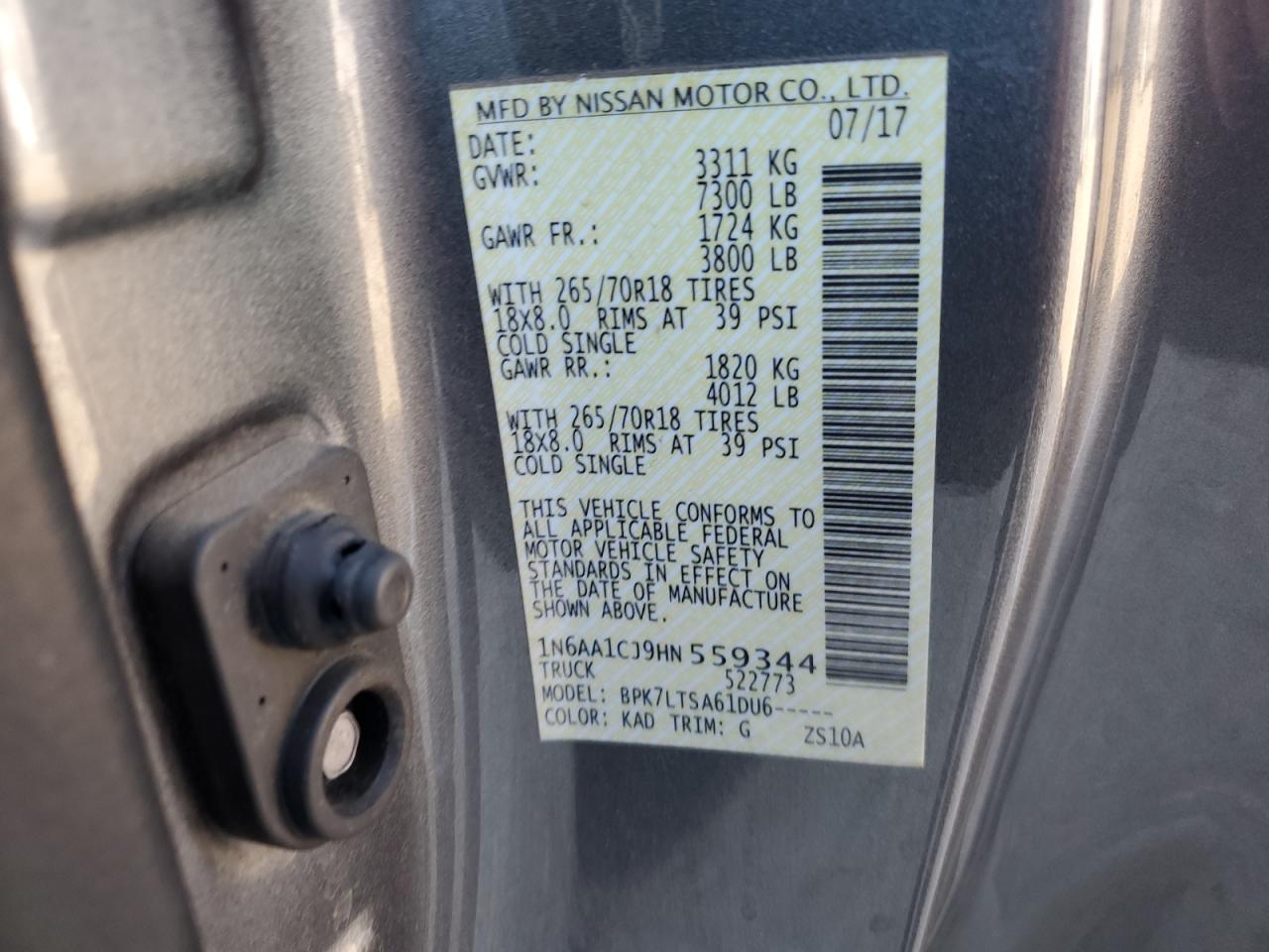 2017 Nissan Titan S VIN: 1N6AA1CJ9HN559344 Lot: 92331045