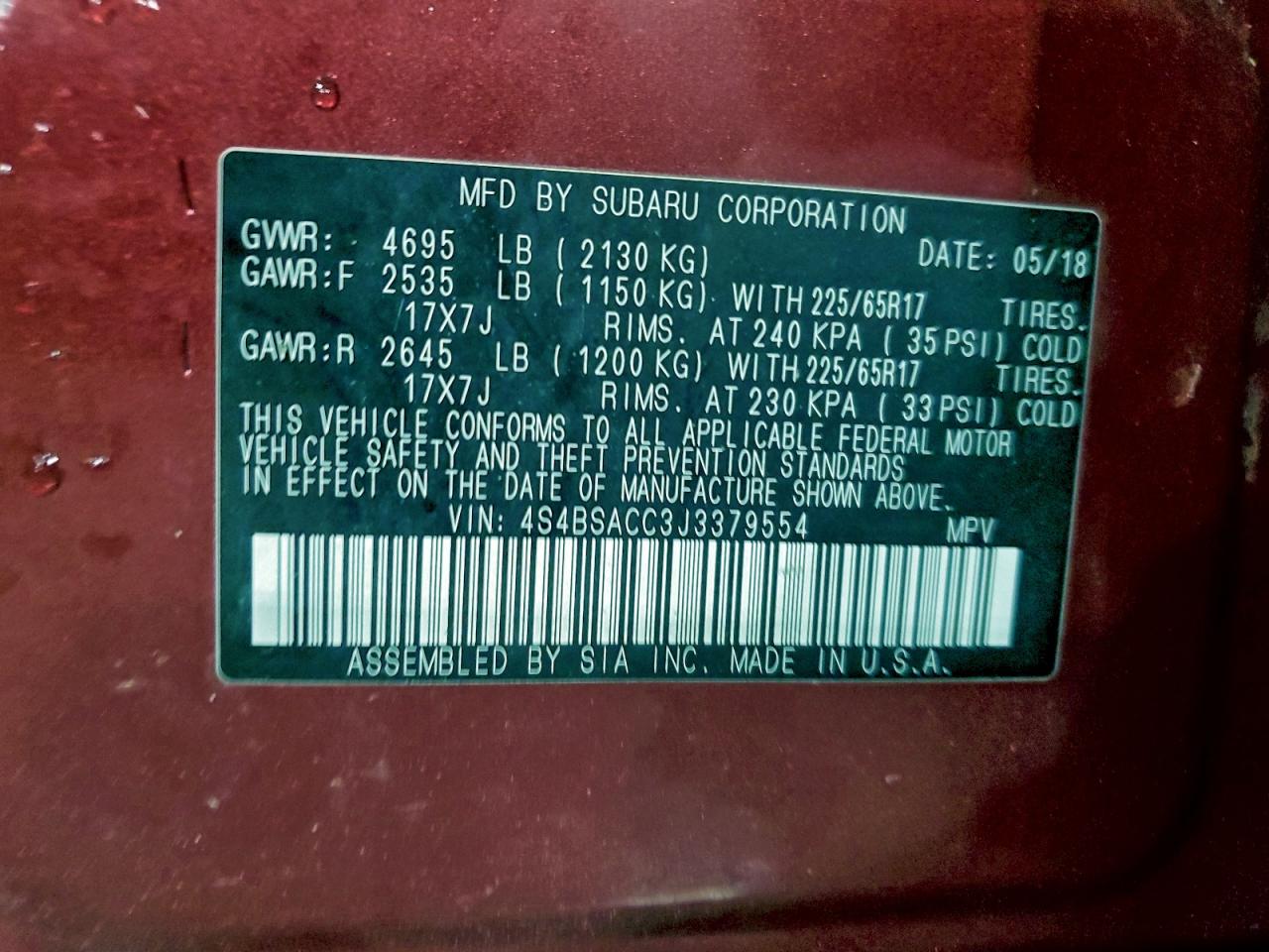 2018 Subaru Outback 2.5I Premium VIN: 4S4BSACC3J3379554 Lot: 93831645