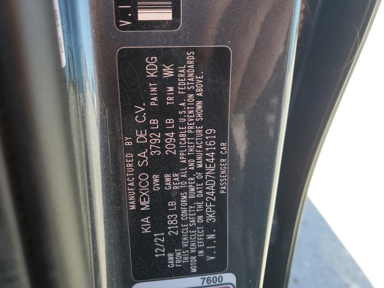 2022 Kia Forte Fe VIN: 3KPF24AD7NE441619 Lot: 91647475