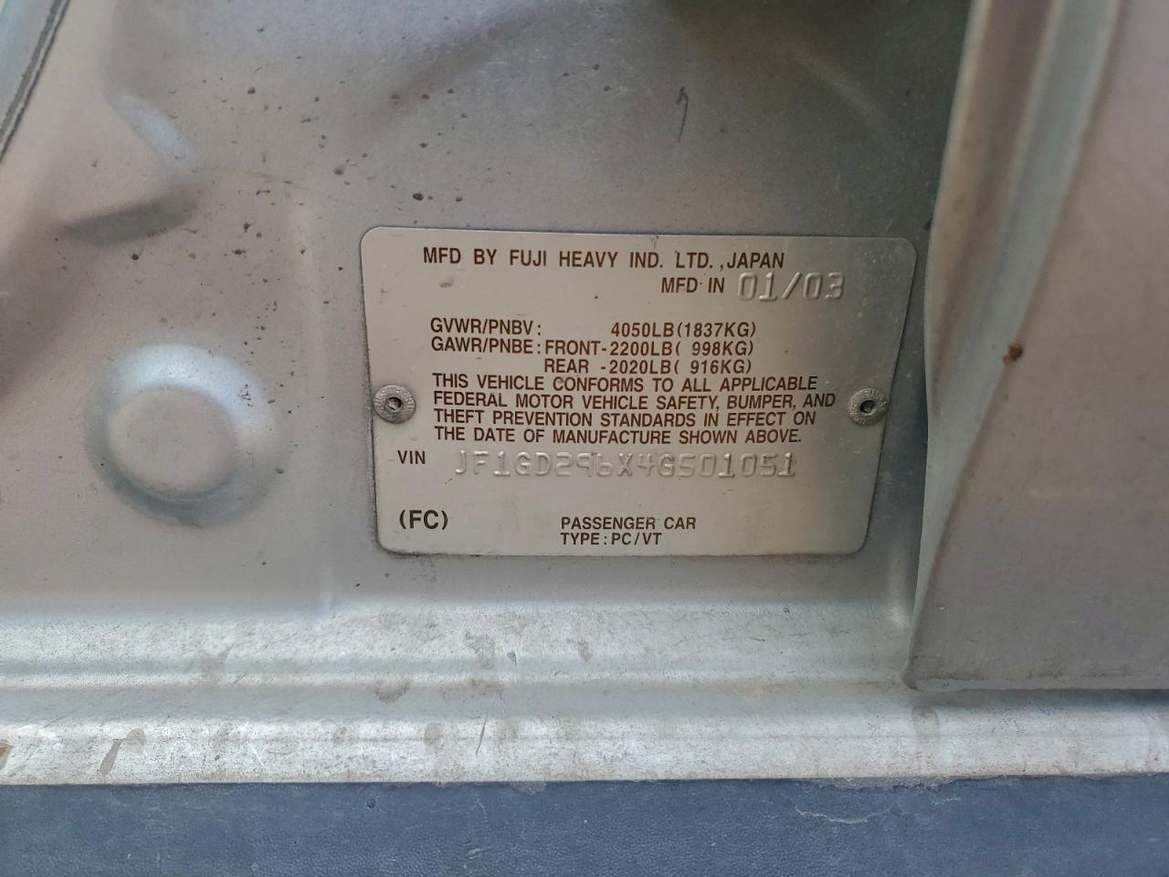 2004 Subaru Impreza Wrx VIN: JF1GD296X4G501051 Lot: 94151995