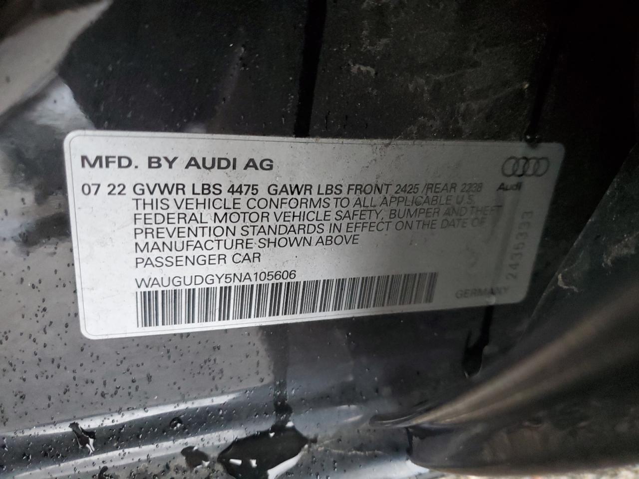 2022 Audi A3 Premium VIN: WAUGUDGY5NA105606 Lot: 91636695