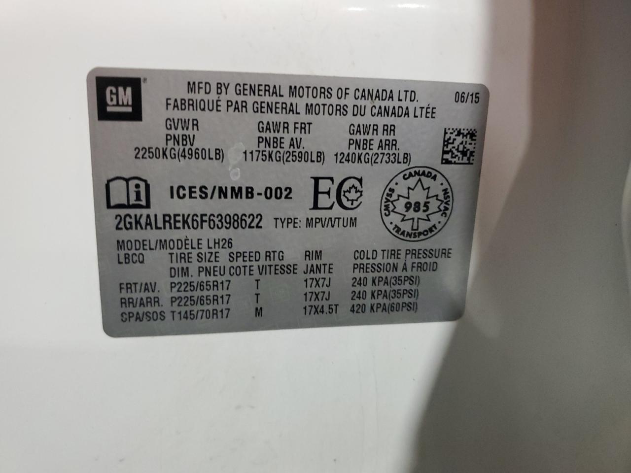 2015 GMC Terrain Sle VIN: 2GKALREK6F6398622 Lot: 91186695