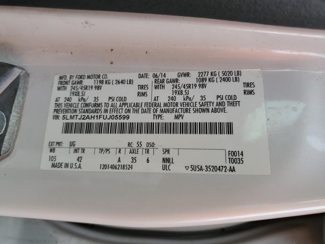 2015 Lincoln Mkc VIN: 5LMTJ2AH1FUJ05599 Lot: 85435035