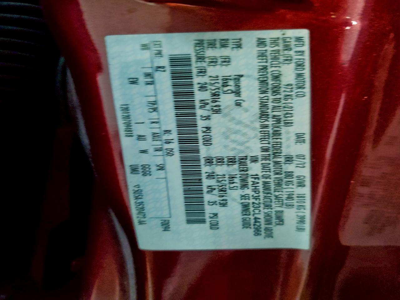 2012 Ford Focus Se VIN: 1FAHP3F23CL442966 Lot: 94192105