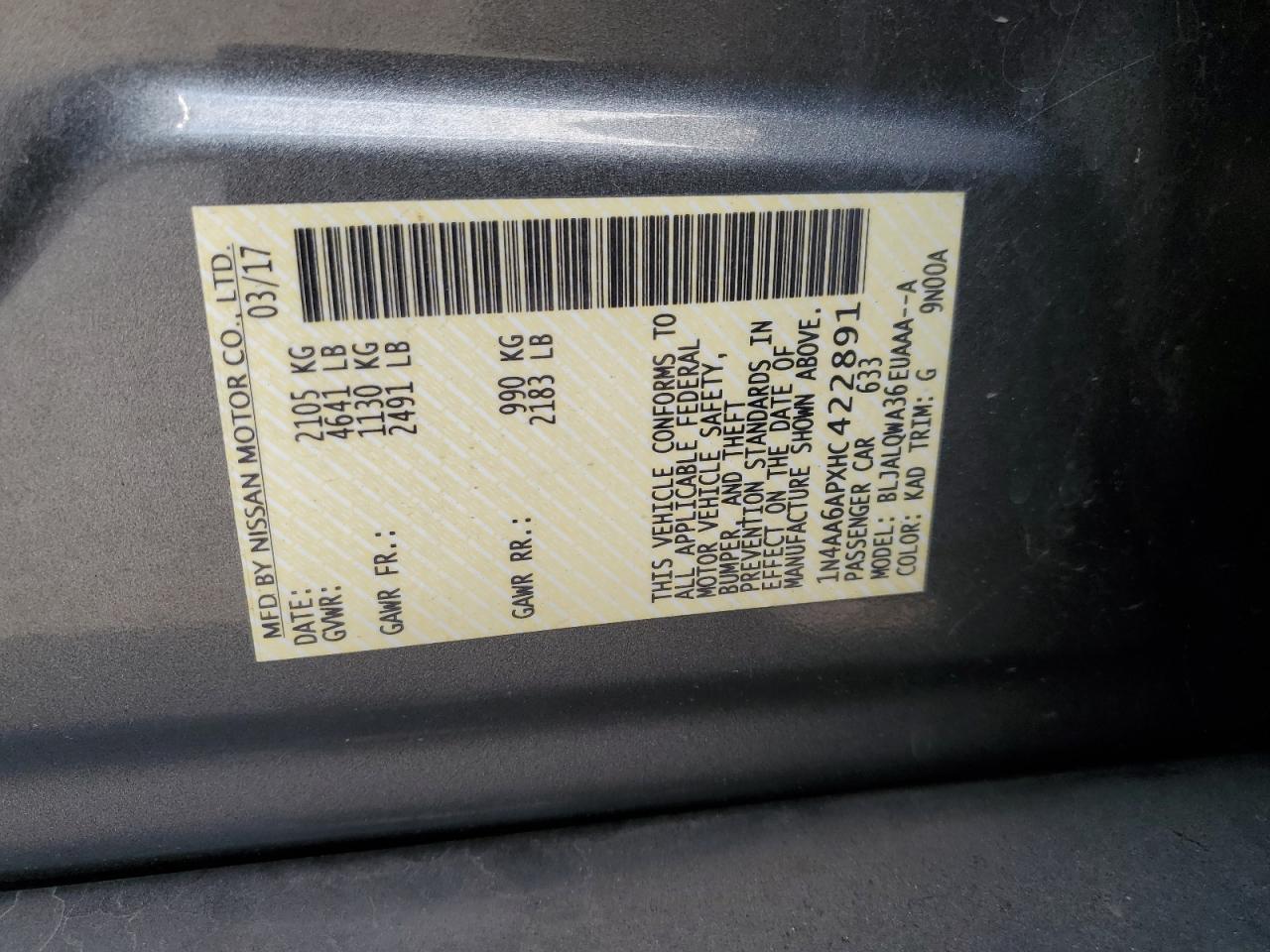 2017 Nissan Maxima 3.5S VIN: 1N4AA6APXHC422891 Lot: 92710595