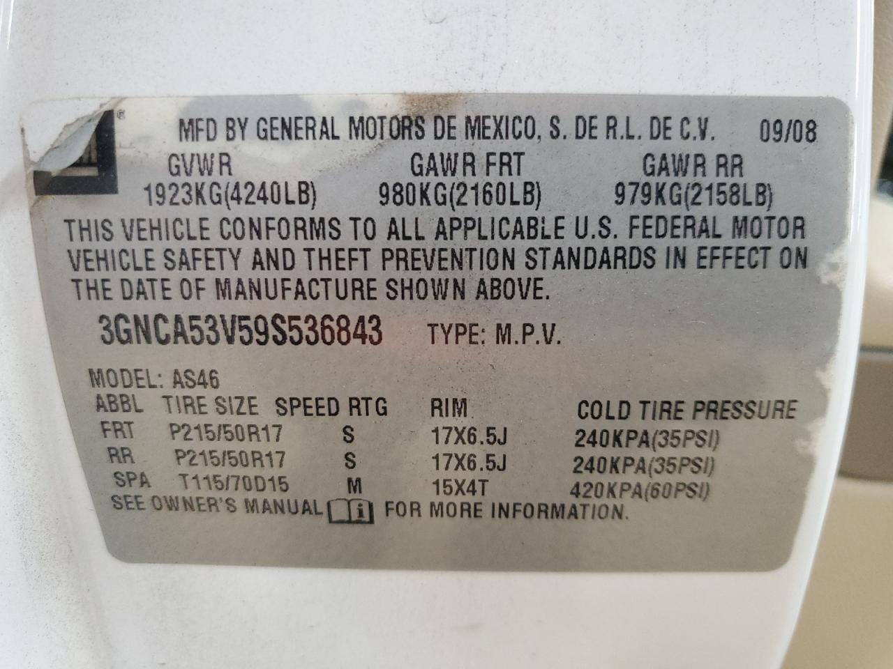 2009 Chevrolet Hhr Lt VIN: 3GNCA53V59S536843 Lot: 91707075