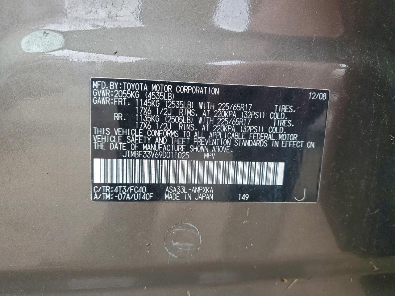 2009 Toyota Rav4 VIN: JTMBF33V69D011025 Lot: 93247935