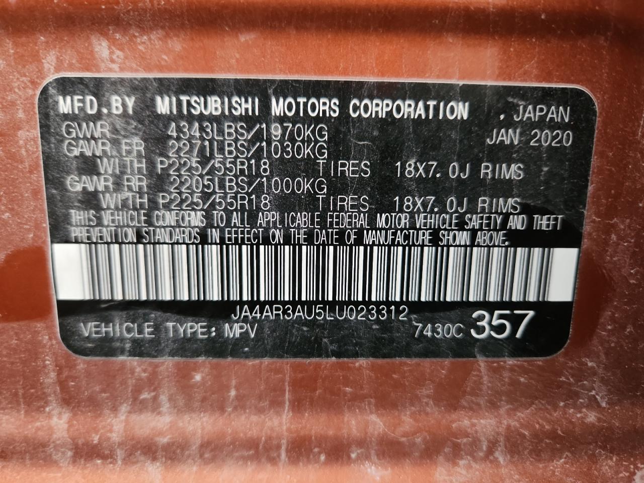 2020 Mitsubishi Outlander Sport Es VIN: JA4AR3AU5LU023312 Lot: 92442825