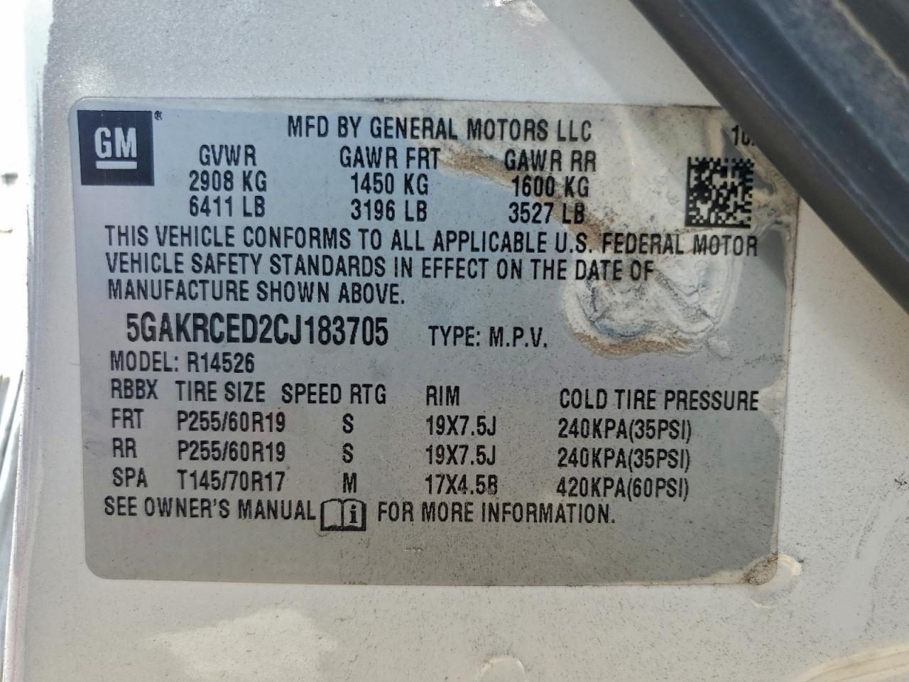 2012 Buick Enclave VIN: 5GAKRCED2CJ183705 Lot: 92672385