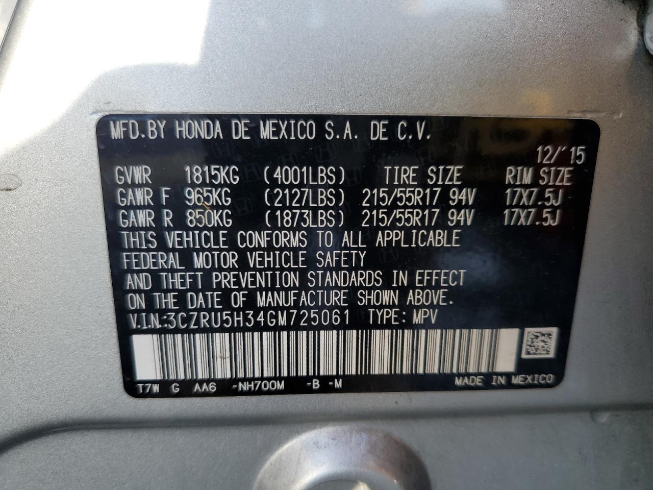 2016 Honda Hr-V Lx VIN: 3CZRU5H34GM725061 Lot: 93381165