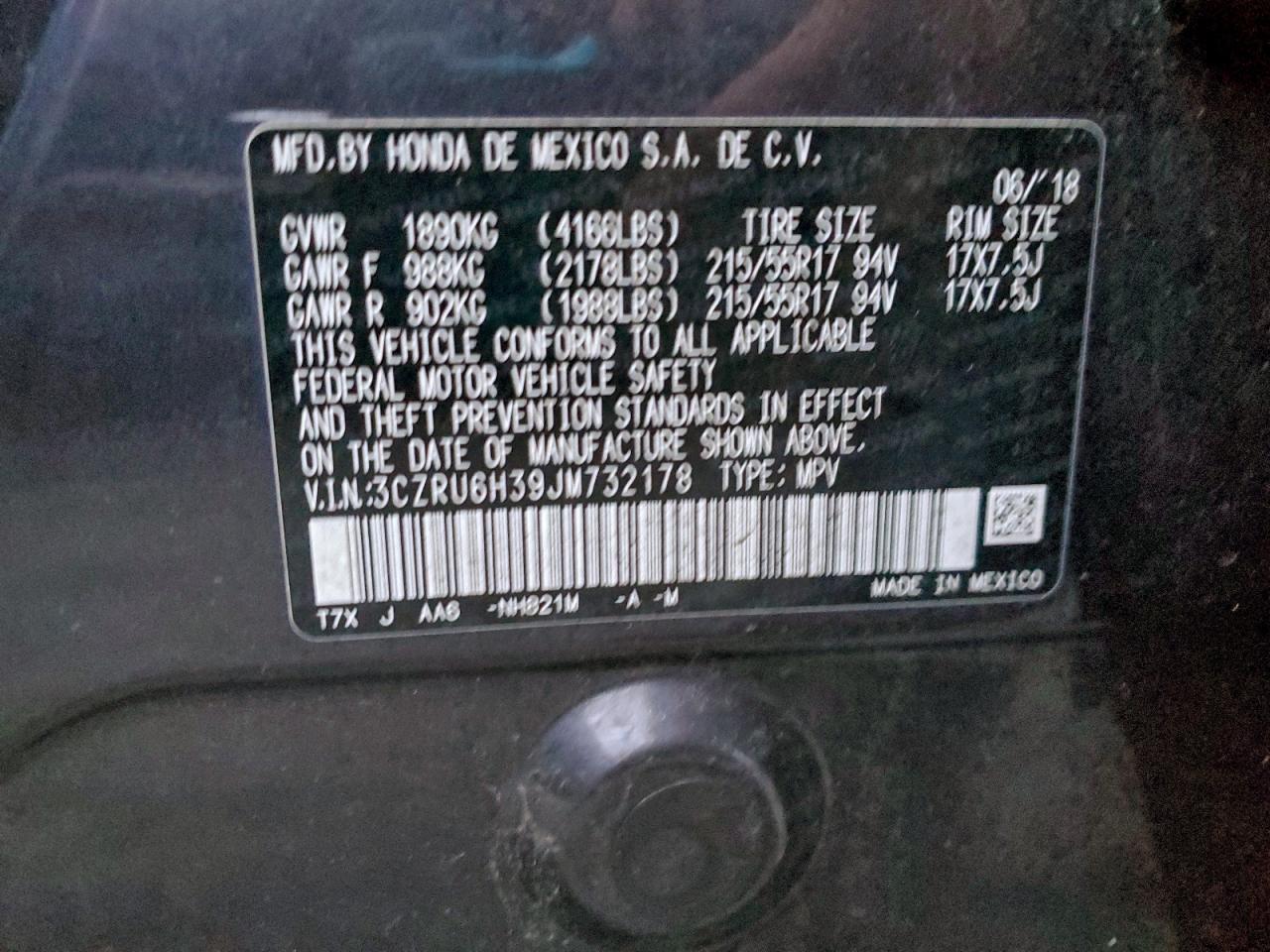 2018 Honda Hr-V Lx VIN: 3CZRU6H39JM732178 Lot: 94567825