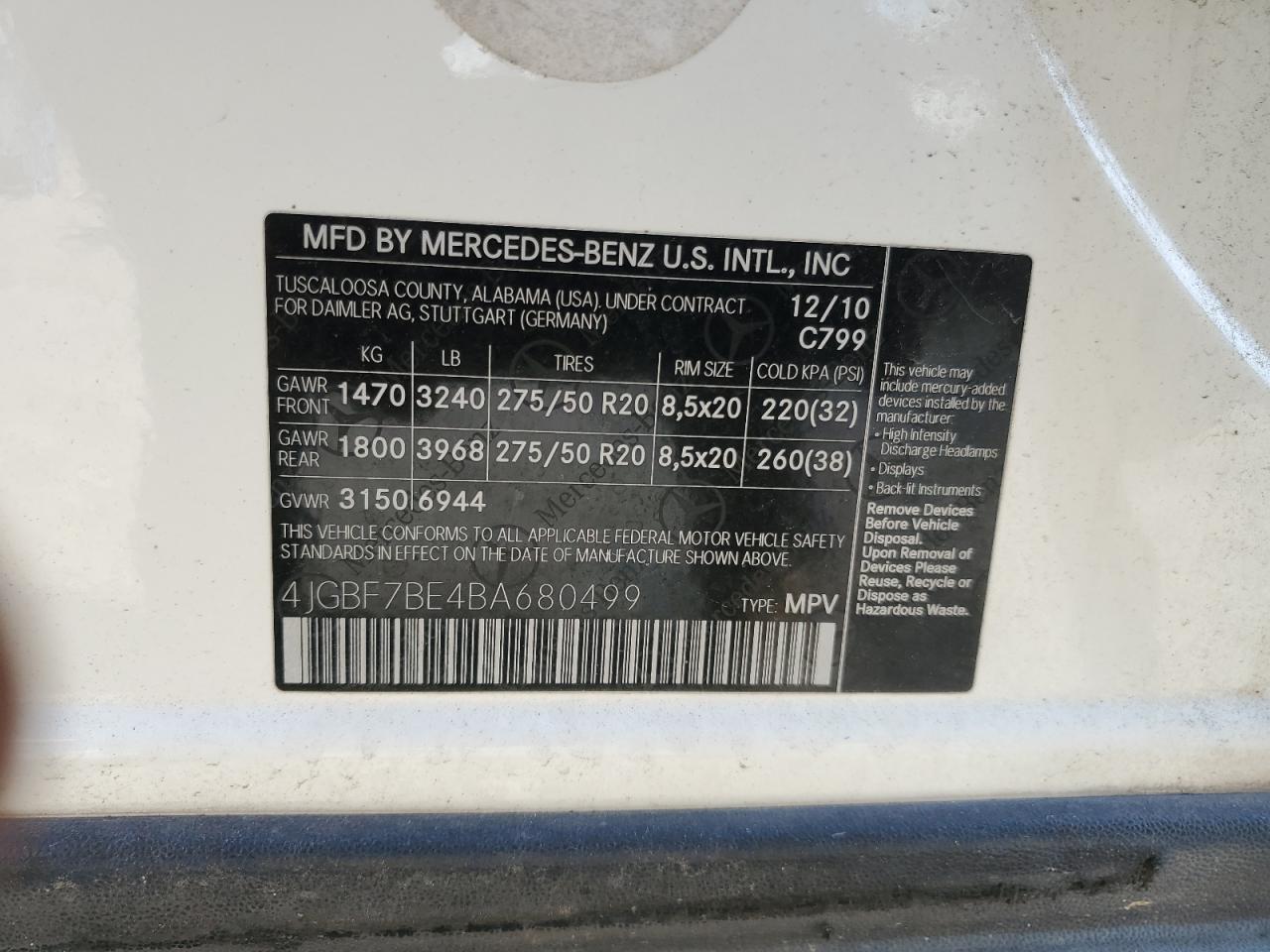 2011 Mercedes-Benz Gl 450 4Matic VIN: 4JGBF7BE4BA680499 Lot: 90755545