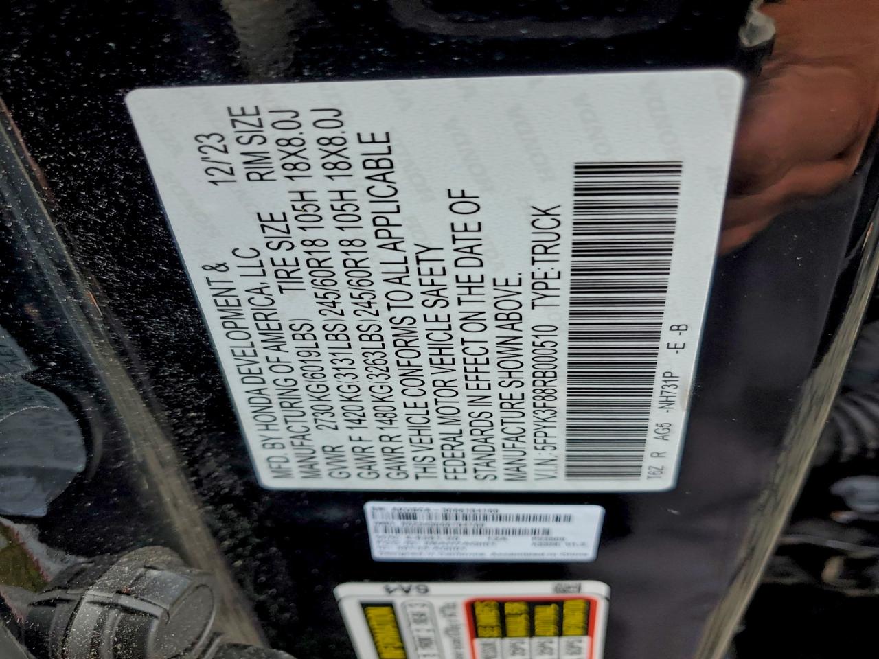 2024 Honda Ridgeline Black Edition VIN: 5FPYK3F88RB000510 Lot: 92757675