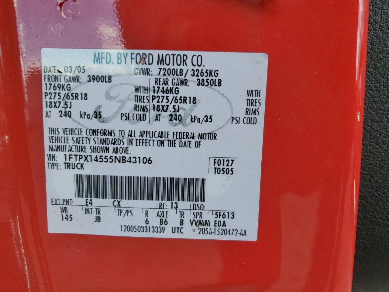 2005 Ford F150 VIN: 1FTPX14555NB43106 Lot: 93080055