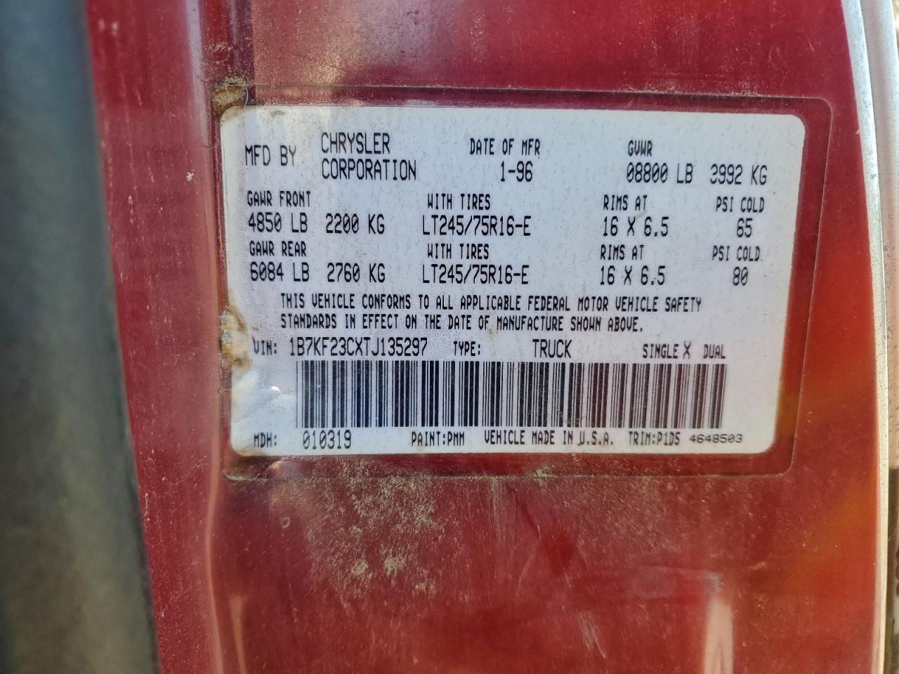 1996 Dodge Ram 2500 VIN: 1B7KF23CXTJ135297 Lot: 93504095