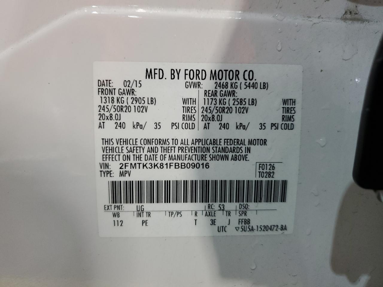 2015 Ford Edge Titanium VIN: 2FMTK3K81FBB09016 Lot: 93436935