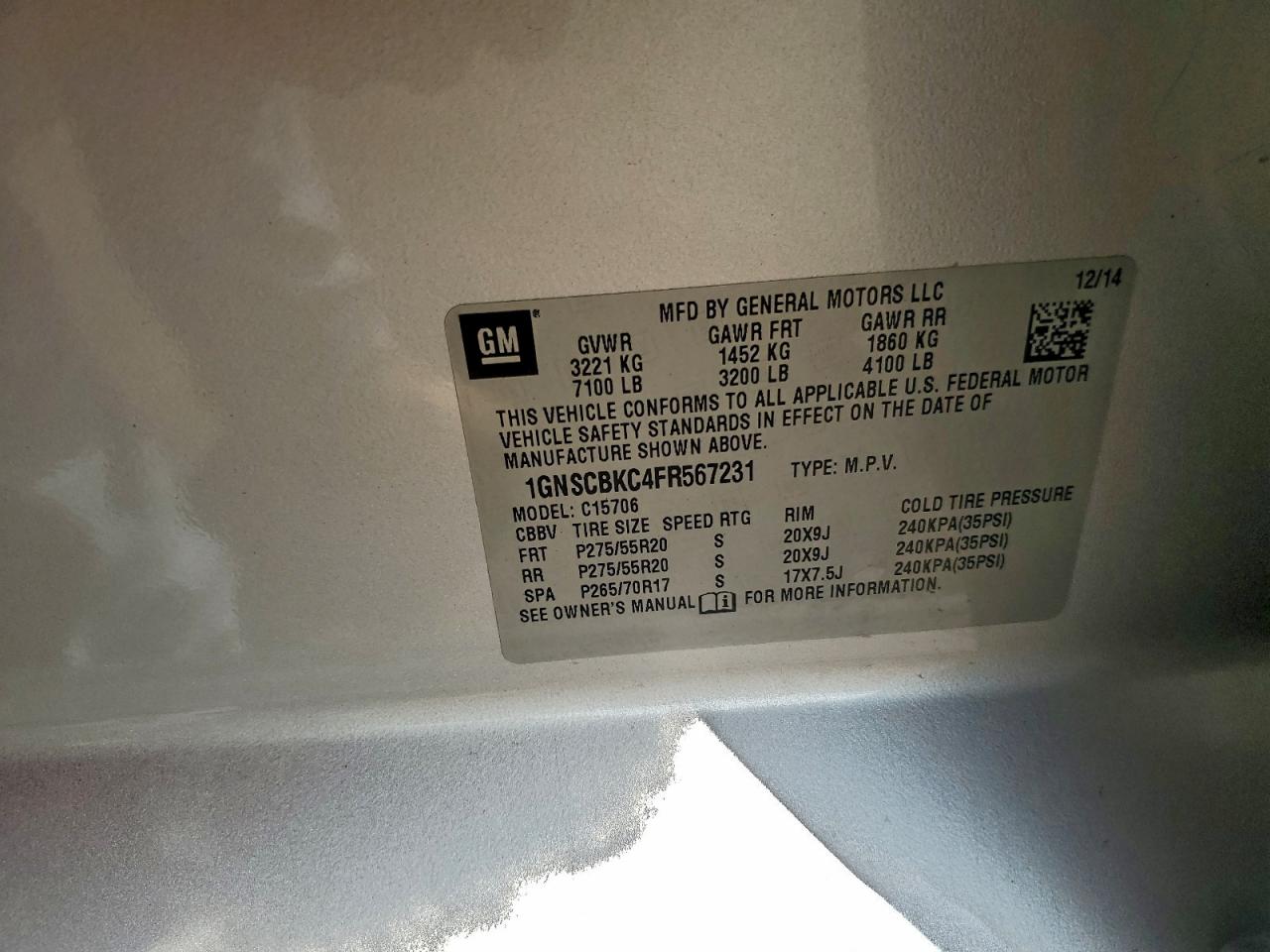 2015 Chevrolet Tahoe C1500 Lt VIN: 1GNSCBKC4FR567231 Lot: 94026355