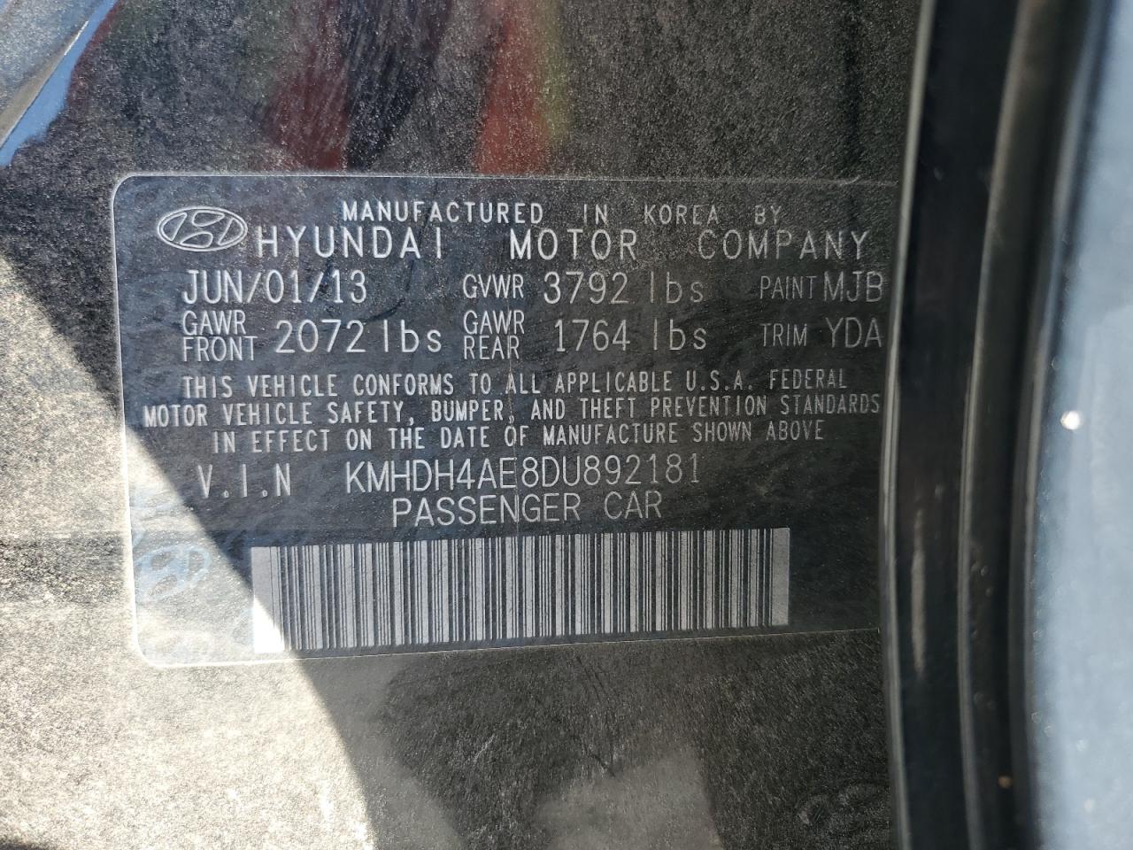 2013 Hyundai Elantra Gls VIN: KMHDH4AE8DU892181 Lot: 91672015