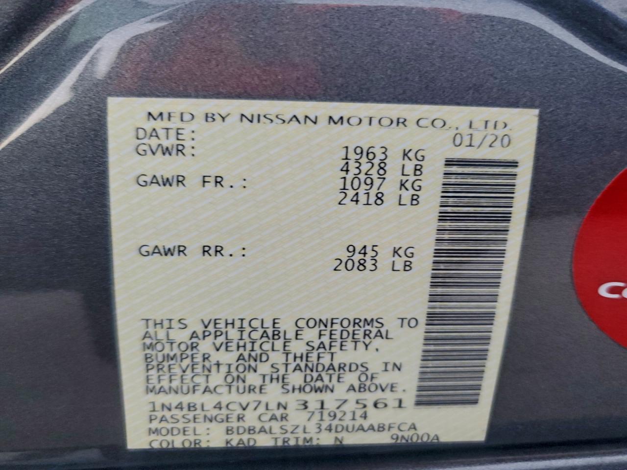 2020 Nissan Altima Sr VIN: 1N4BL4CV7LN317561 Lot: 94044405