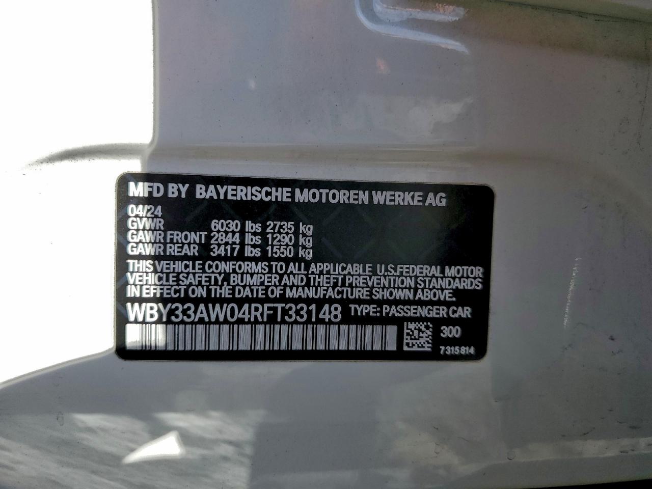 2024 BMW I4 M50 VIN: WBY33AW04RFT33148 Lot: 93139535