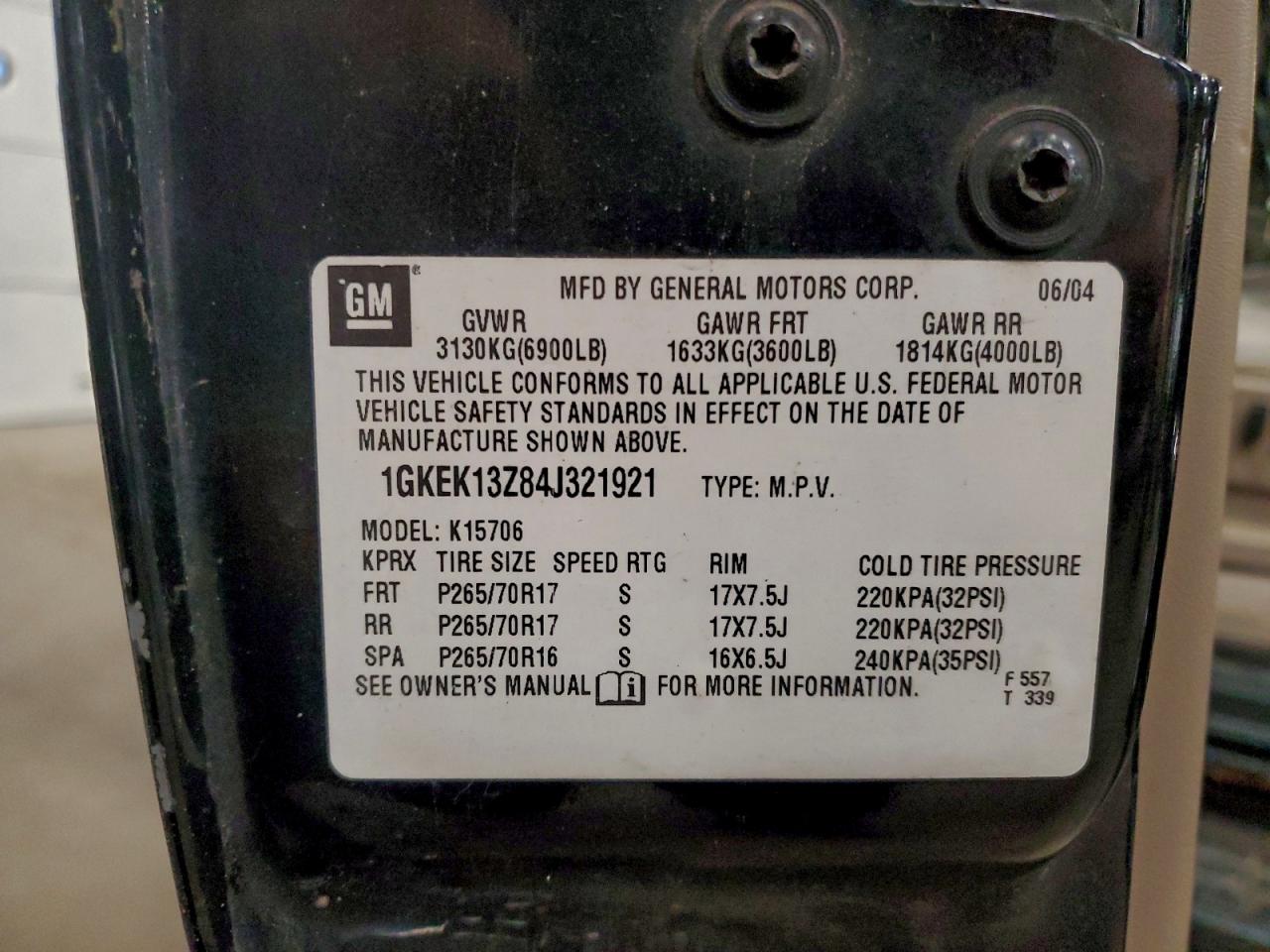 2004 GMC Yukon VIN: 1GKEK13Z84J321921 Lot: 94489895