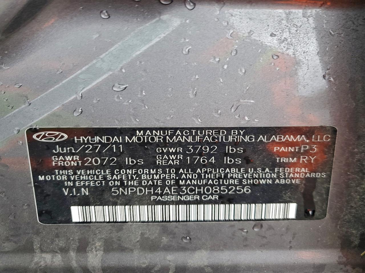 2012 Hyundai Elantra Gls VIN: 5NPDH4AE3CH085256 Lot: 94350065