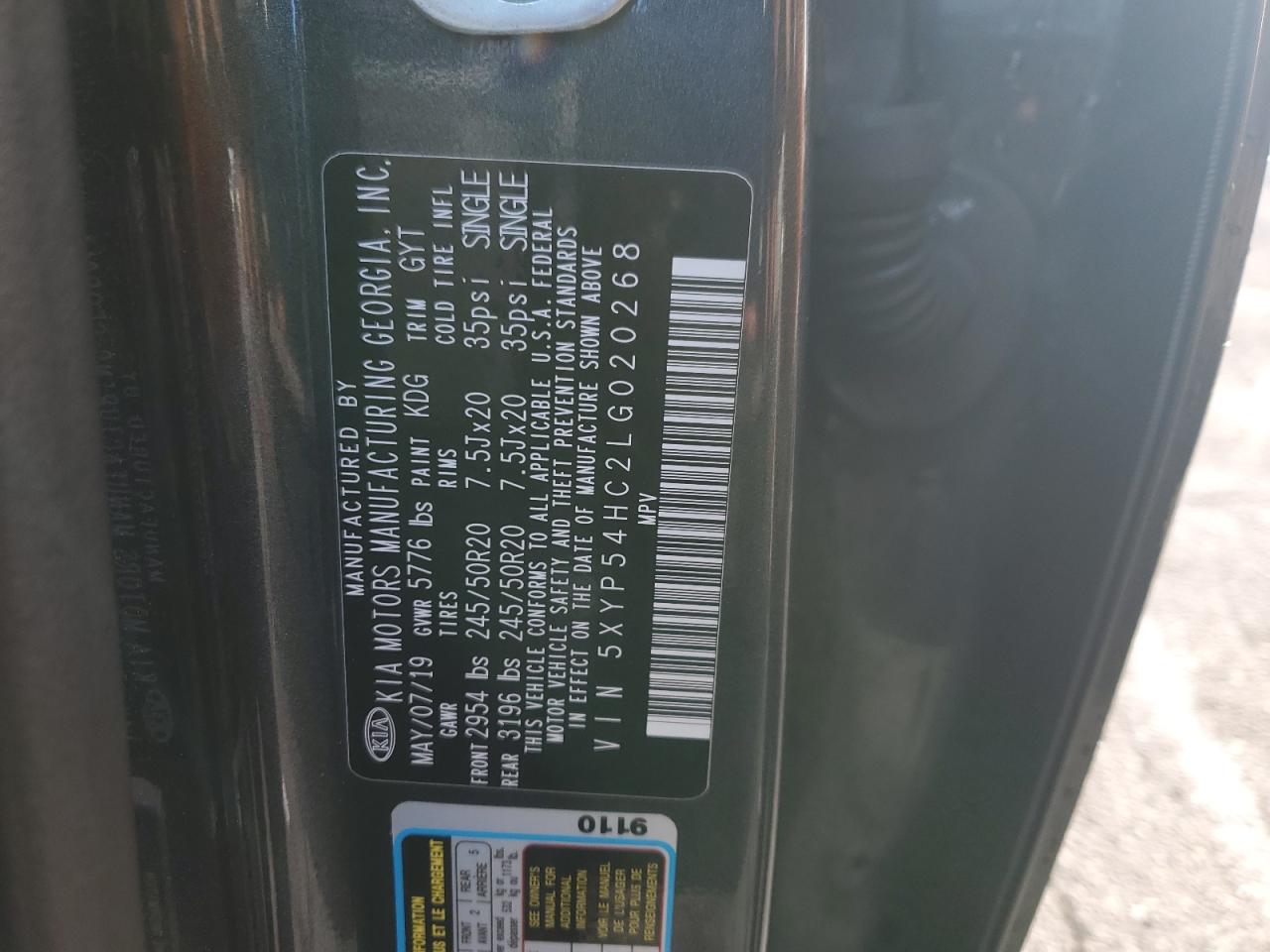 2020 Kia Telluride Sx VIN: 5XYP54HC2LG020268 Lot: 93281595