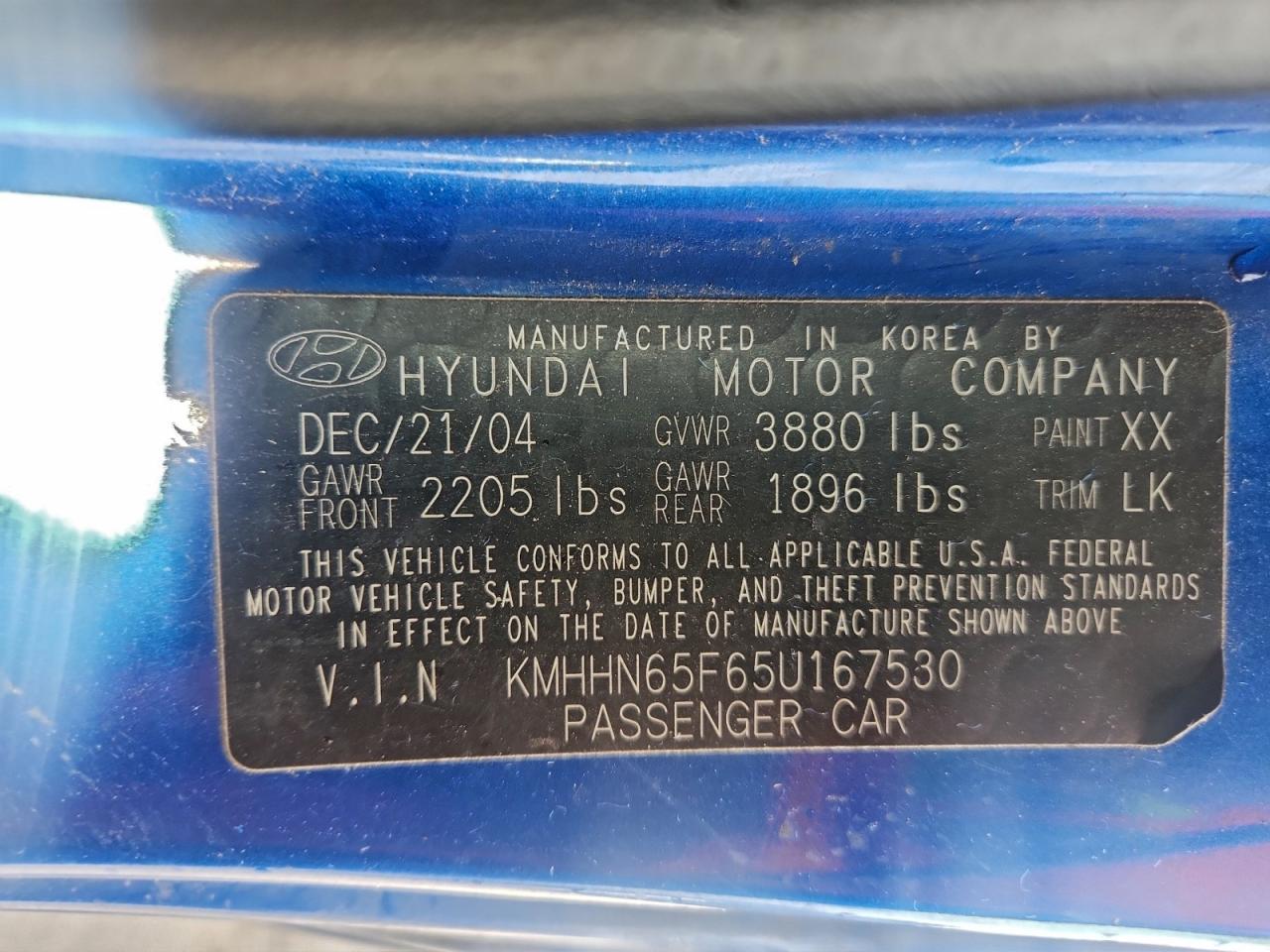 2005 Hyundai Tiburon Gt VIN: KMHHN65F65U167530 Lot: 93749235