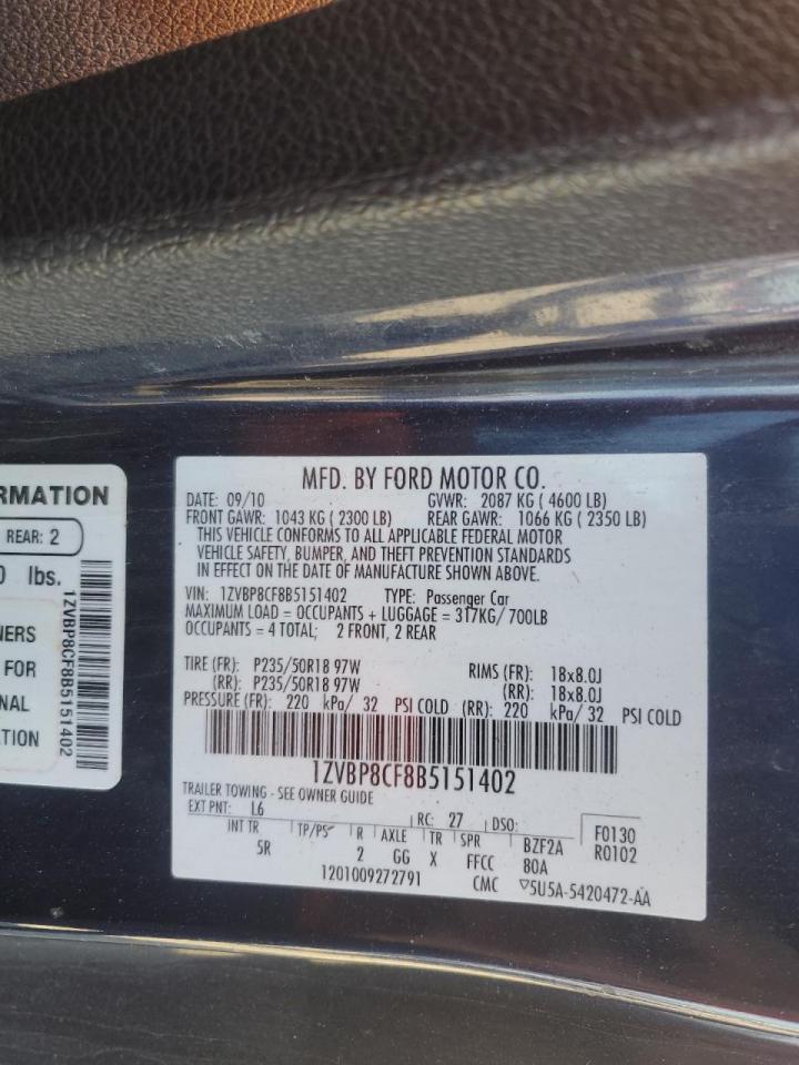 2011 Ford Mustang Gt VIN: 1ZVBP8CF8B5151402 Lot: 91356765