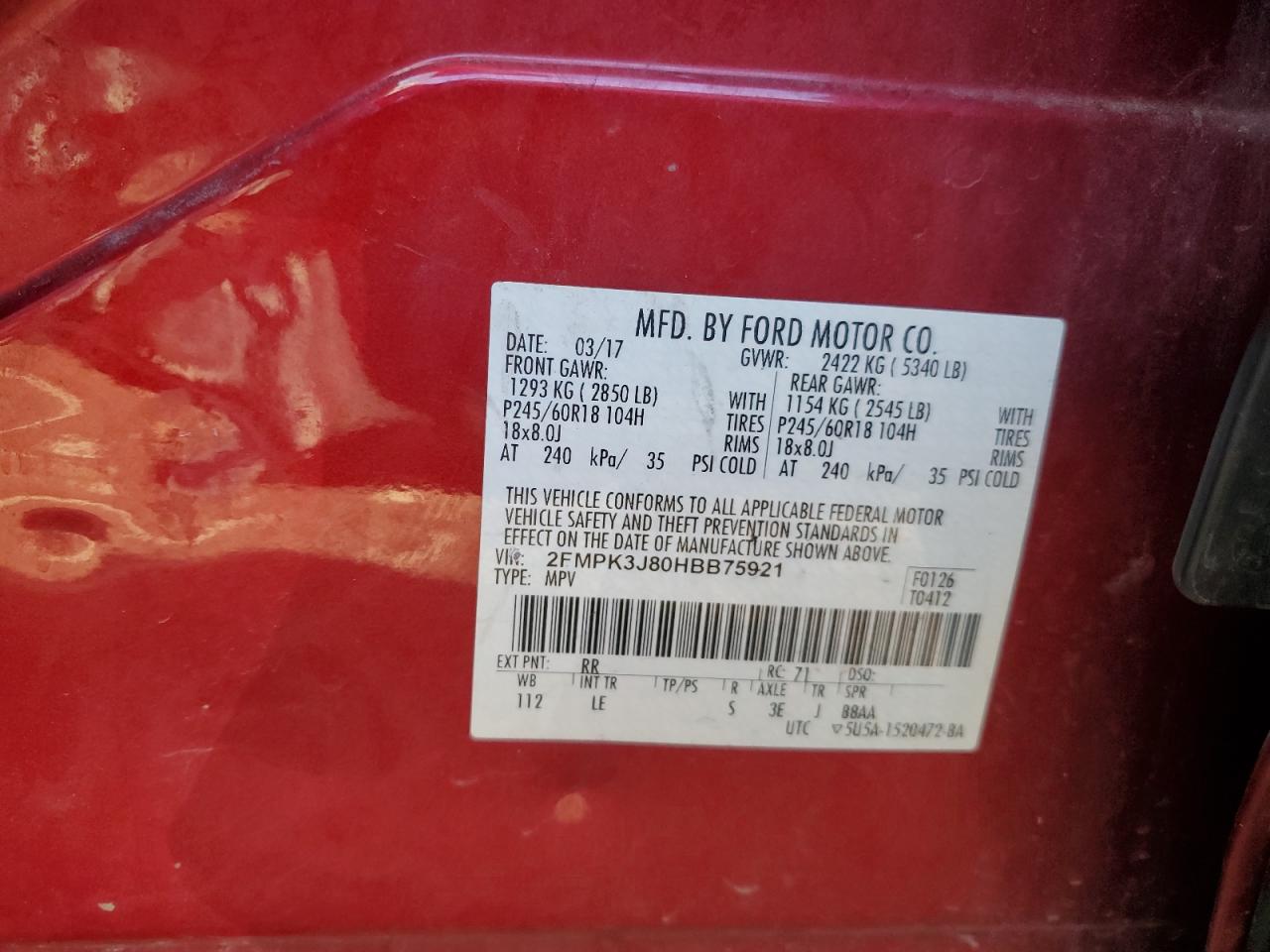 2017 Ford Edge Sel VIN: 2FMPK3J80HBB75921 Lot: 93264305