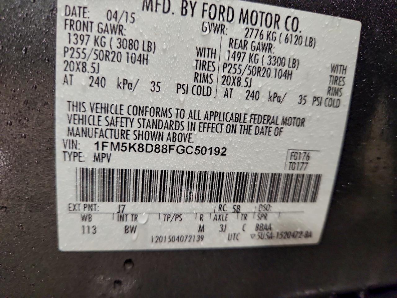 2015 Ford Explorer Xlt VIN: 1FM5K8D88FGC50192 Lot: 93436725