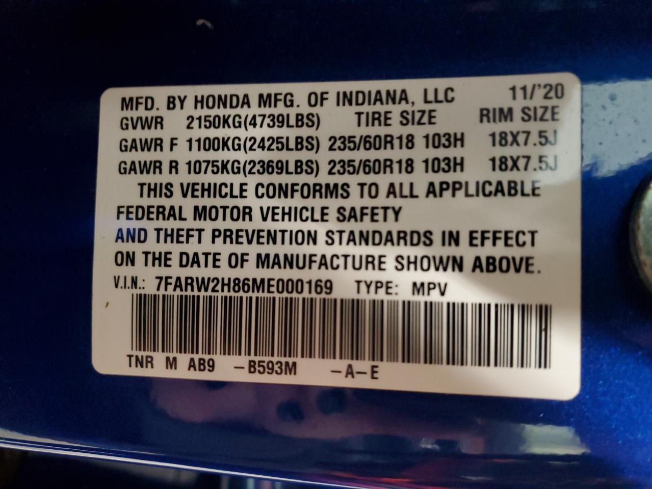 2021 Honda Cr-V Exl VIN: 7FARW2H86ME000169 Lot: 93026195