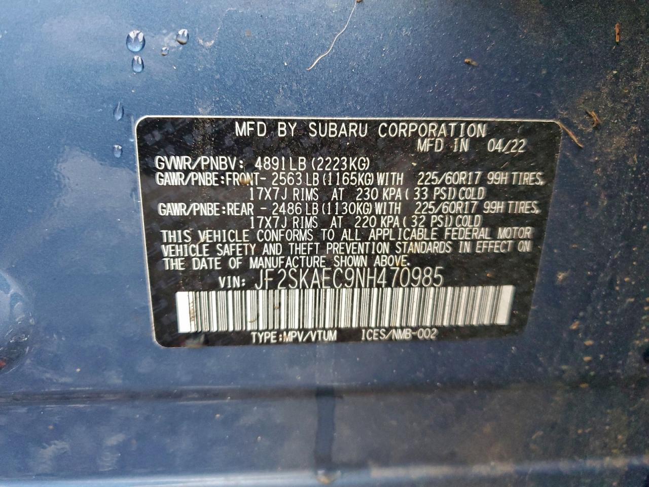 2022 Subaru Forester Premium VIN: JF2SKAEC9NH470985 Lot: 94482555