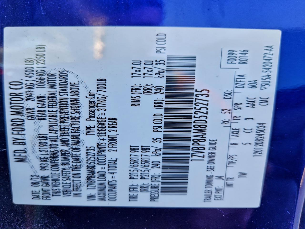 2013 Ford Mustang VIN: 1ZVBP8AM8D5252735 Lot: 94361025