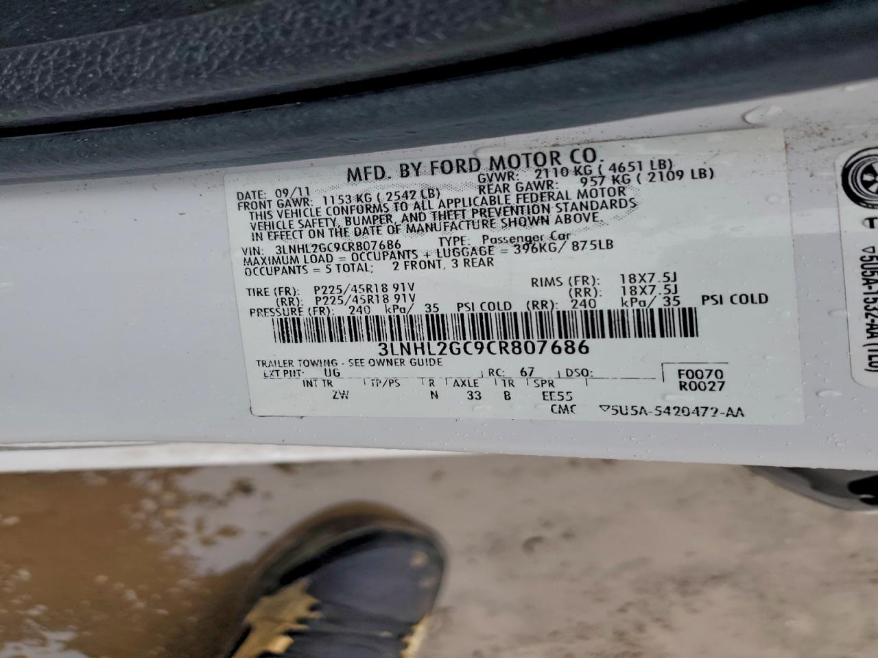 2012 Lincoln Mkz VIN: 3LNHL2GC9CR807686 Lot: 94177615