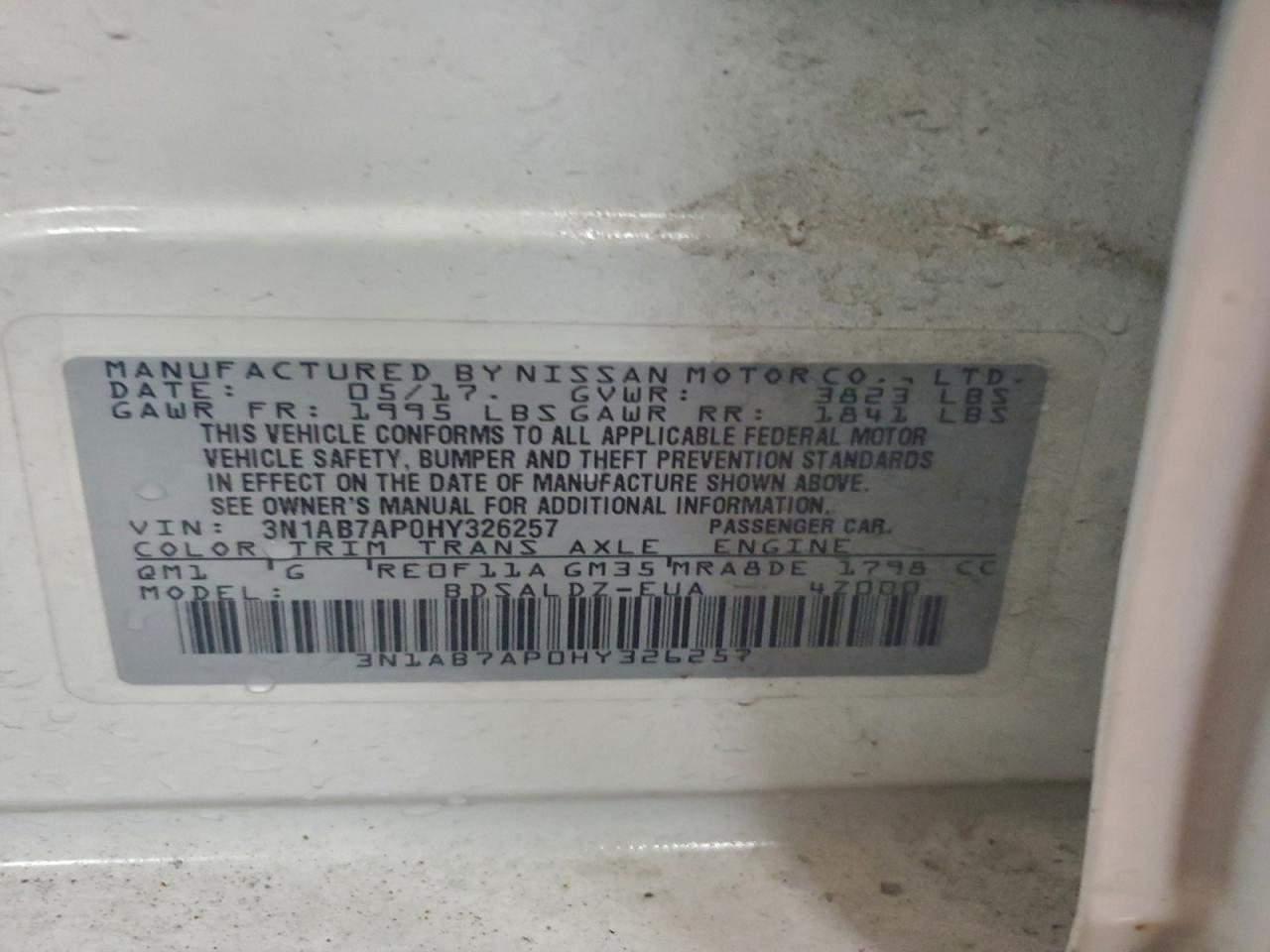 2017 Nissan Sentra S VIN: 3N1AB7AP0HY326257 Lot: 92658605