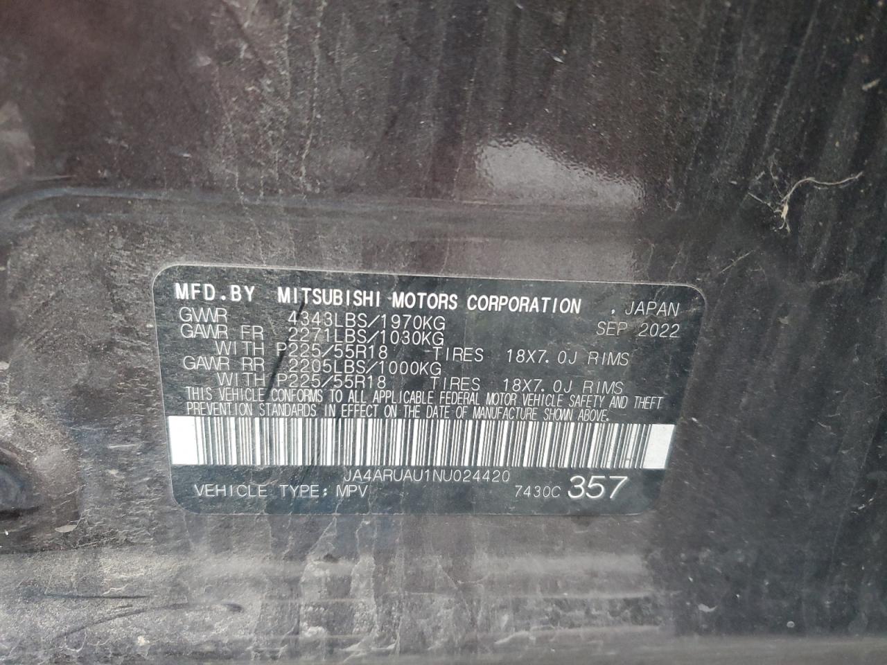 2022 Mitsubishi Outlander Sport Es VIN: JA4ARUAU1NU024420 Lot: 92816665