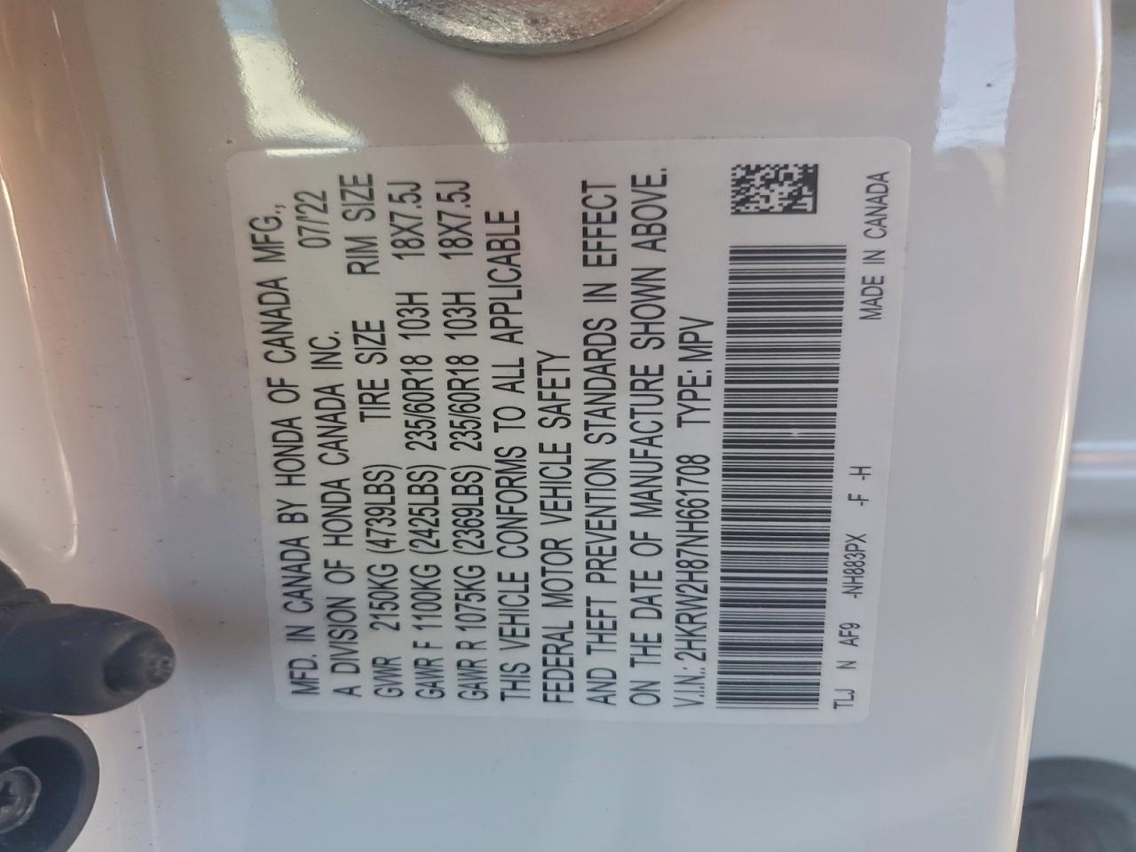 2022 Honda Cr-V Exl VIN: 2HKRW2H87NH661708 Lot: 94073605