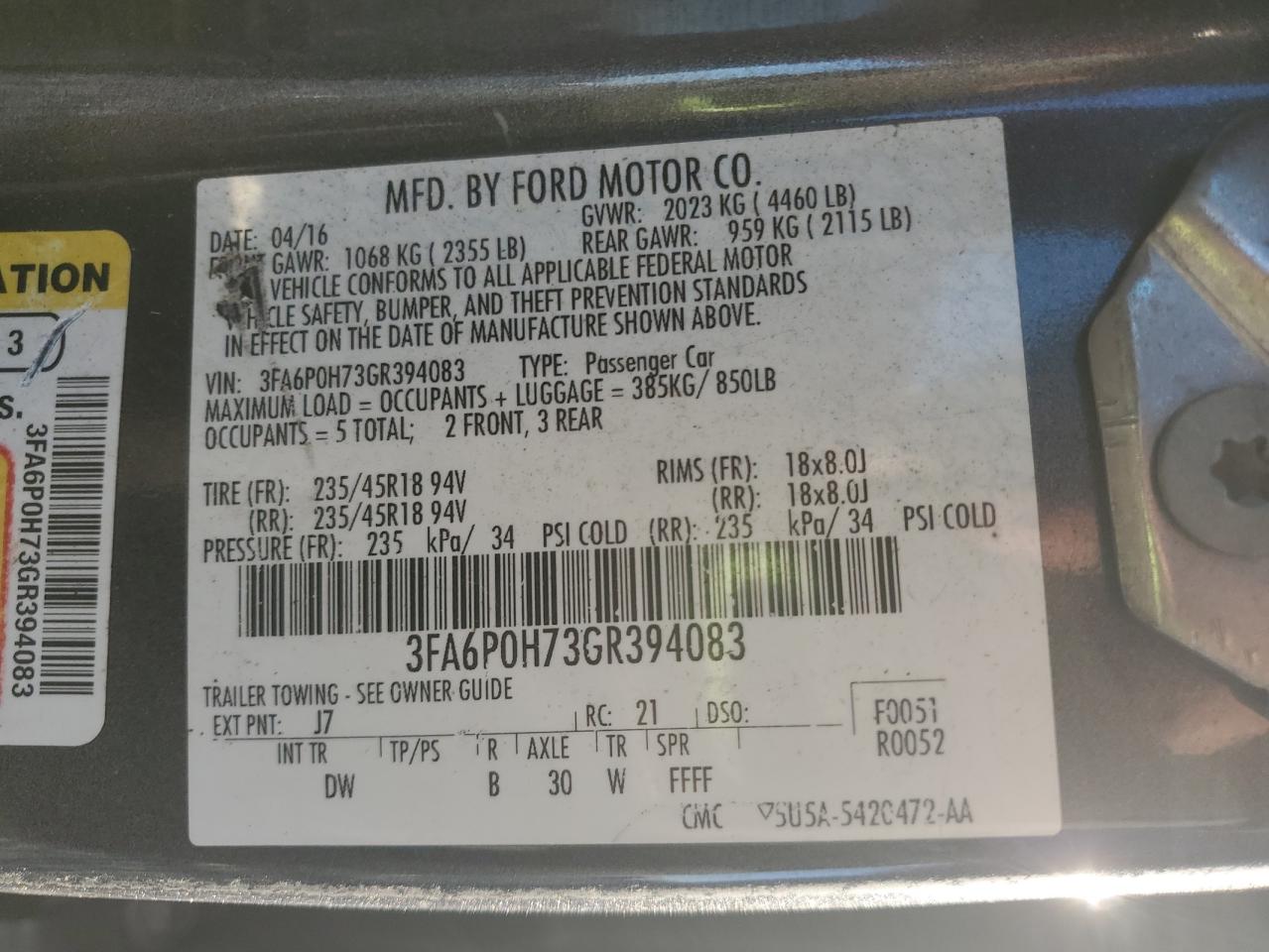 2016 Ford Fusion Se VIN: 3FA6P0H73GR394083 Lot: 91314255