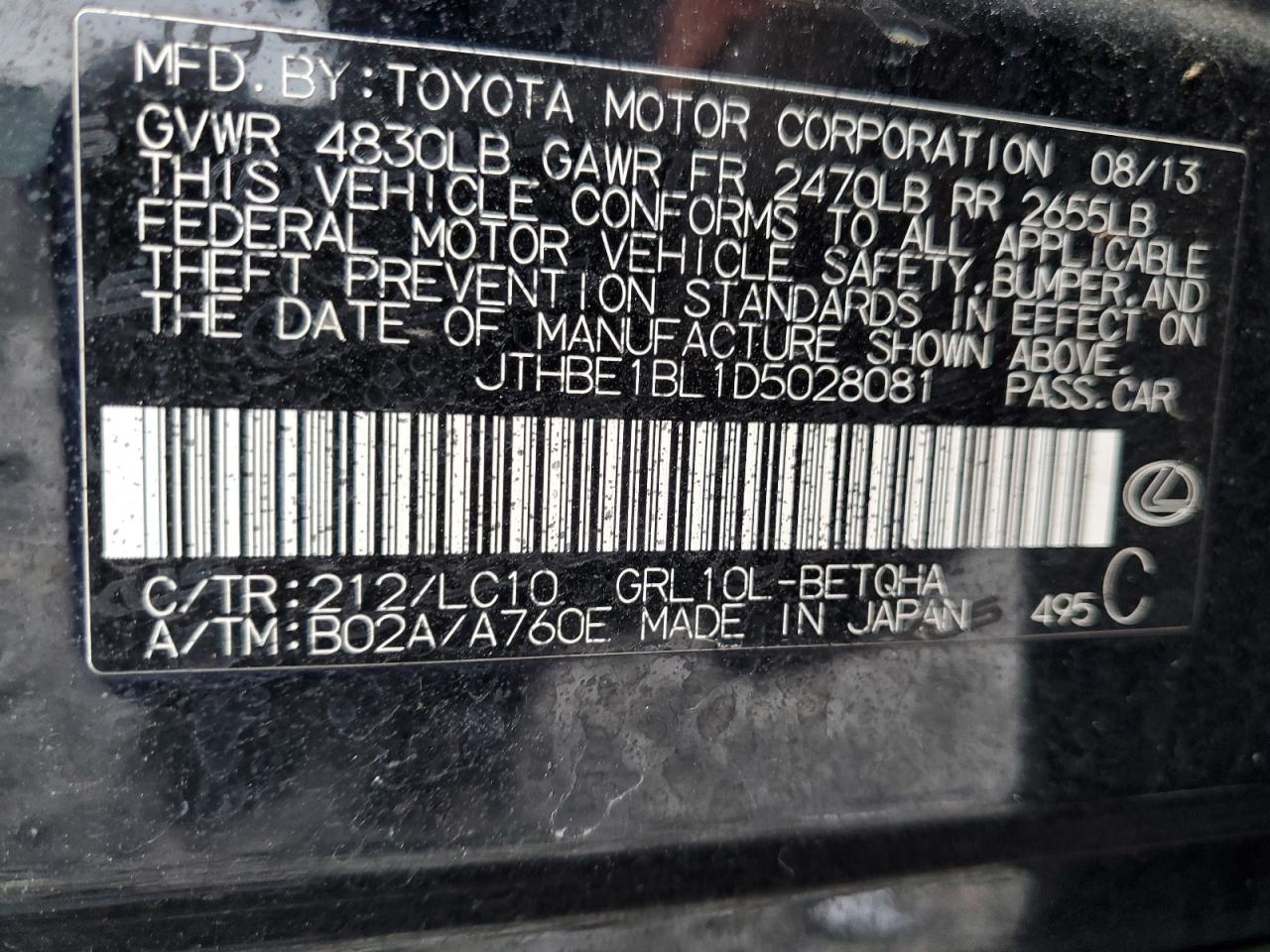 2013 Lexus Gs 350 VIN: JTHBE1BL1D5028081 Lot: 92494405