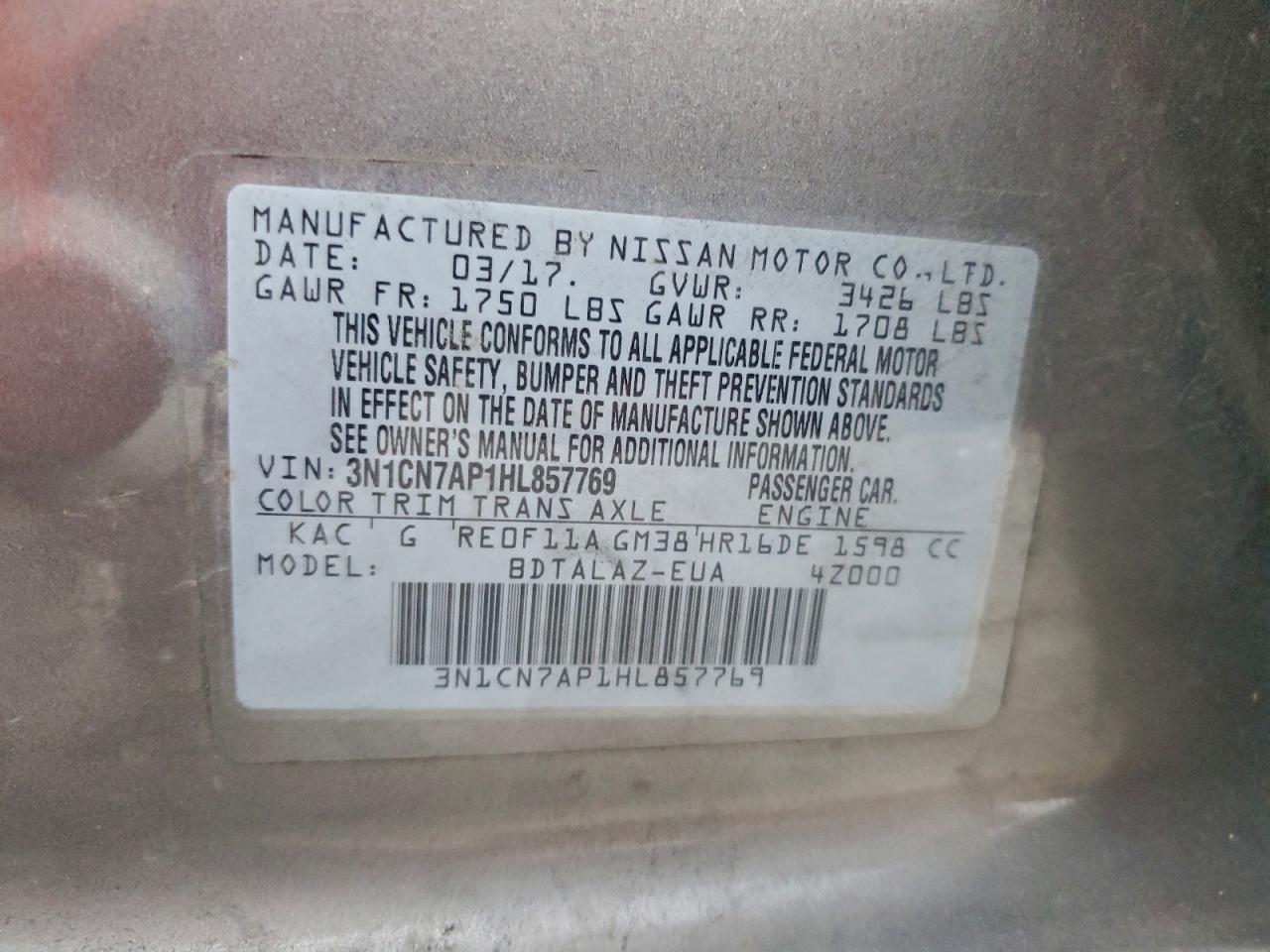 2017 Nissan Versa S VIN: 3N1CN7AP1HL857769 Lot: 93973295