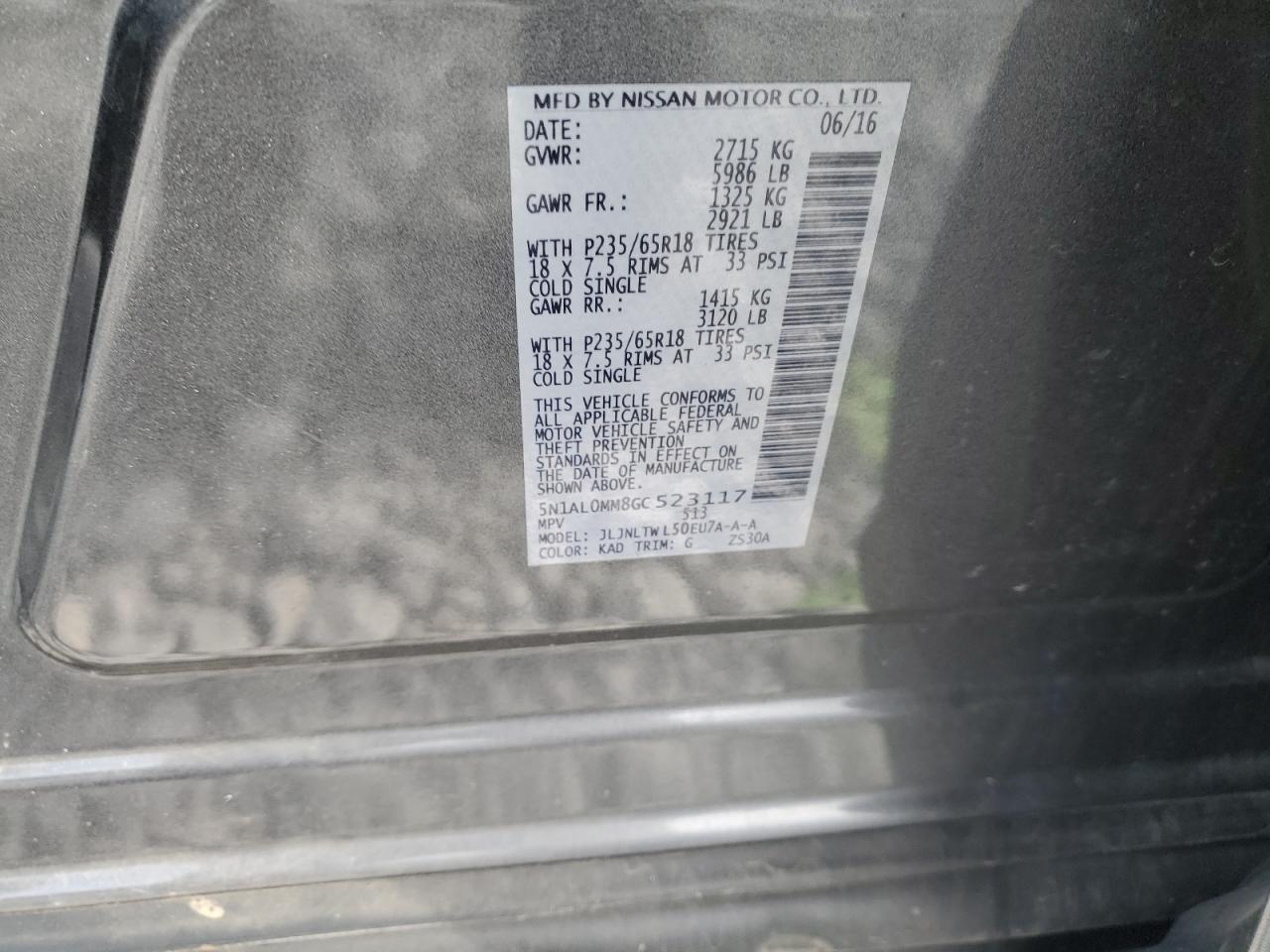 2016 Infiniti Qx60 VIN: 5N1AL0MM8GC523117 Lot: 92161195