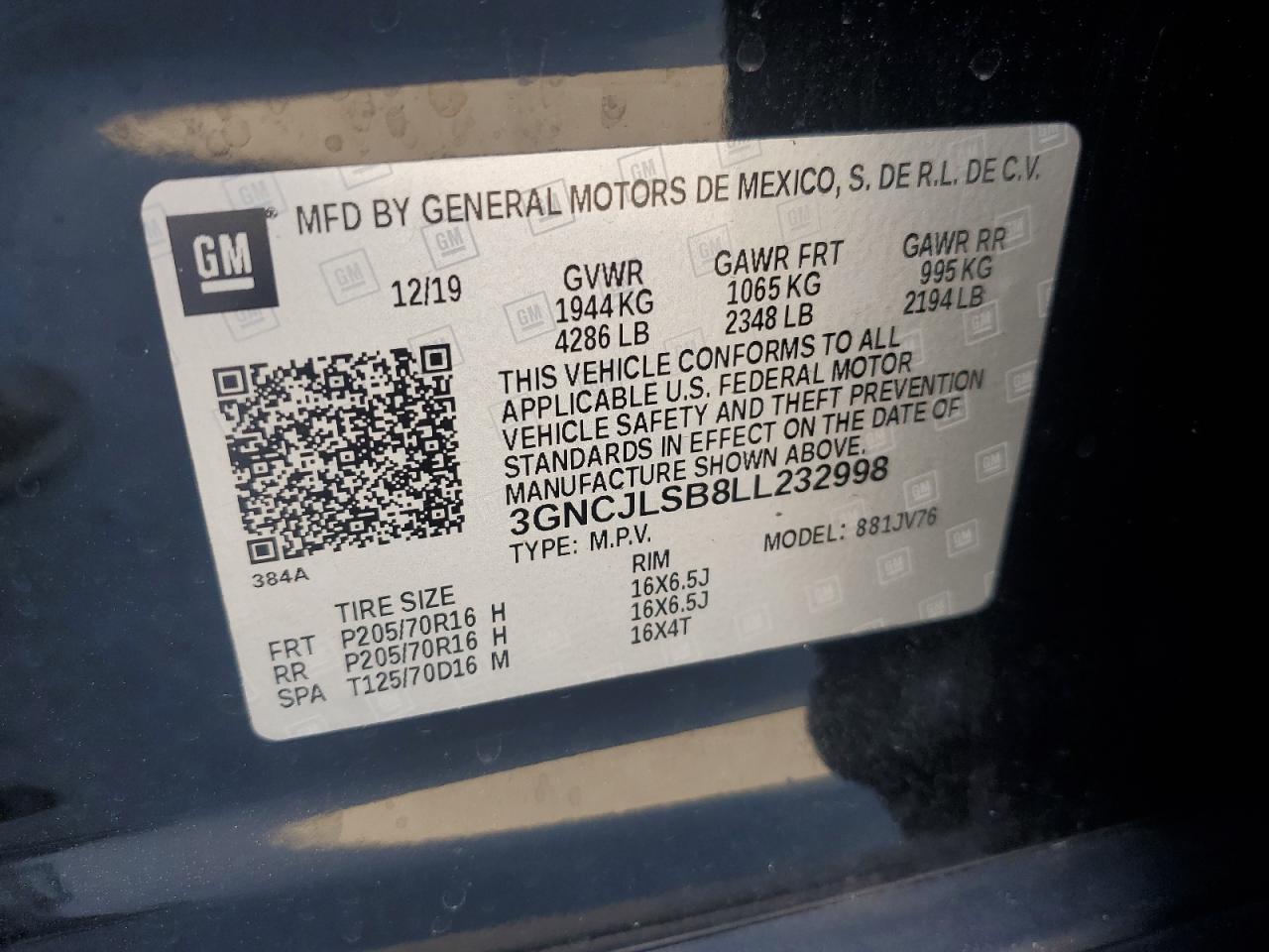 2020 Chevrolet Trax 1Lt VIN: 3GNCJLSB8LL232998 Lot: 92980495