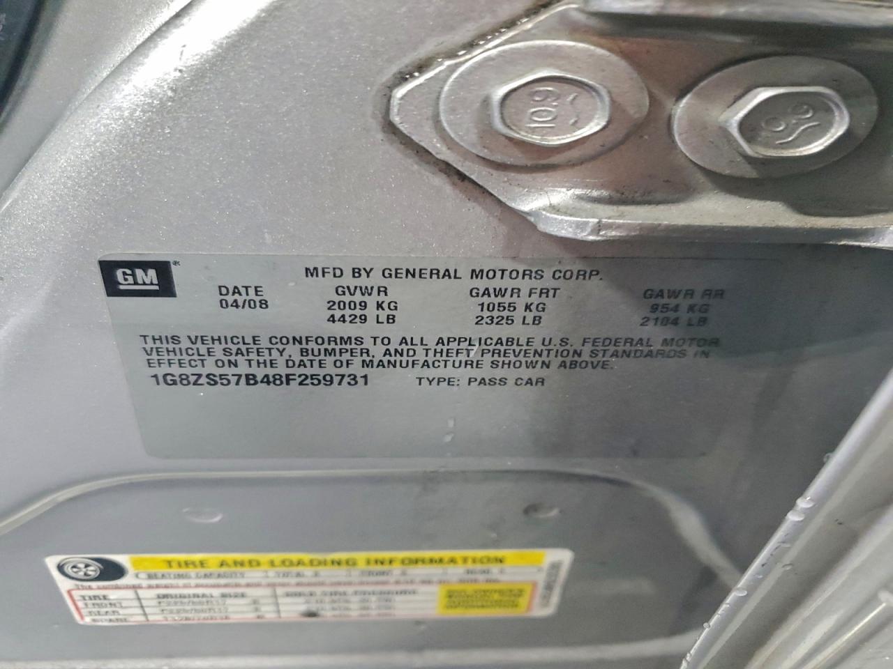 2008 Saturn Aura Xe VIN: 1G8ZS57B48F259731 Lot: 94353805