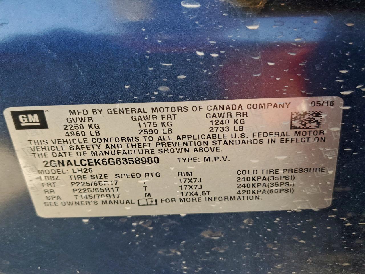 2016 Chevrolet Equinox Lt VIN: 2GNALCEK6G6358980 Lot: 93986335