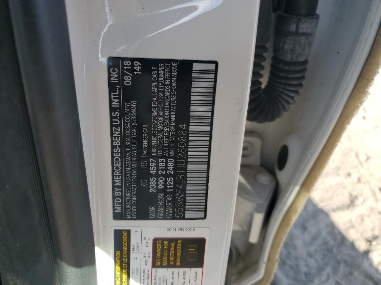 2018 Mercedes-Benz C 300 VIN: 55SWF4JB1JU280884 Lot: 92093145