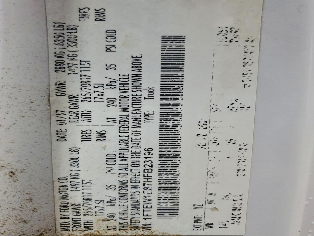 2017 Ford F150 Supercrew VIN: 1FTEW1E87HFB23196 Lot: 94117925