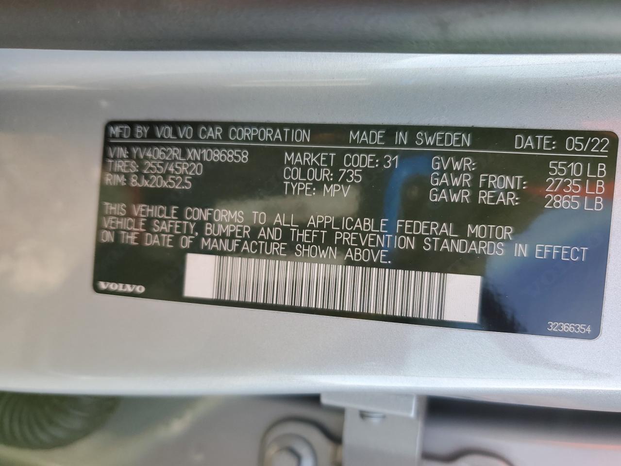 2022 Volvo Xc60 B6 Inscription VIN: YV4062RLXN1086858 Lot: 91633065