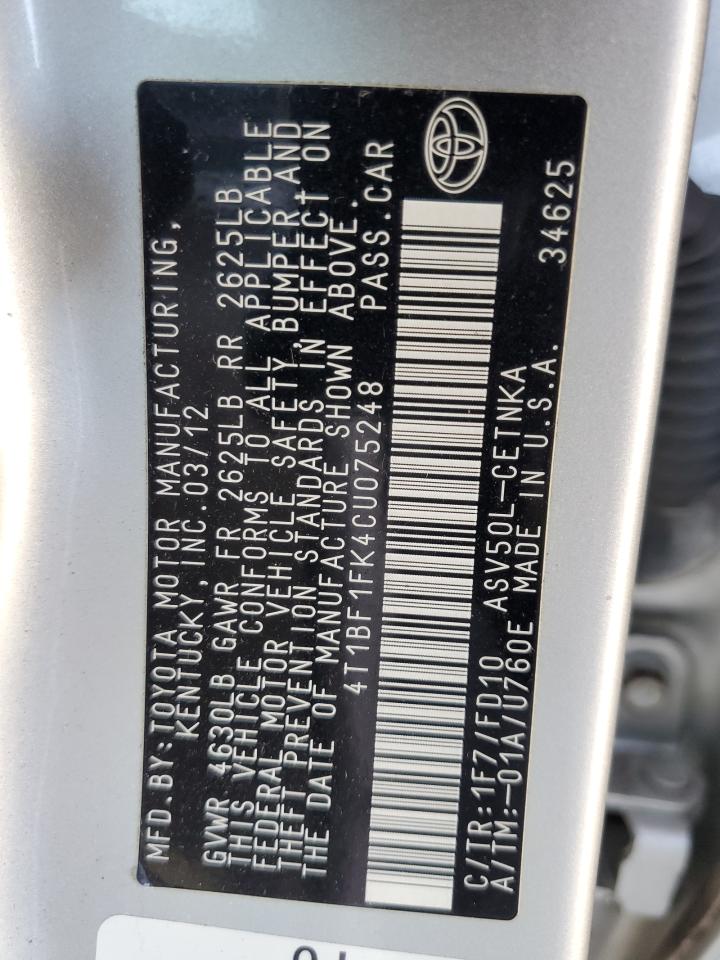 2012 Toyota Camry Base VIN: 4T1BF1FK4CU075248 Lot: 93553755