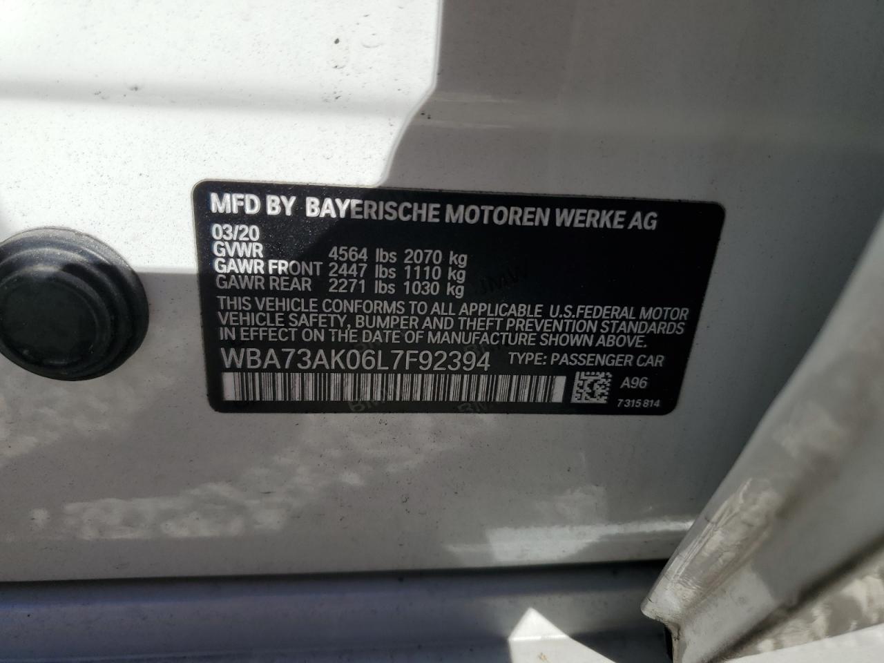 2020 BMW 228Xi VIN: WBA73AK06L7F92394 Lot: 92850165